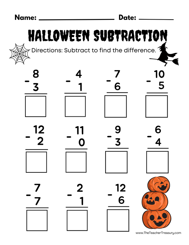 Halloween themed subtraction worksheet