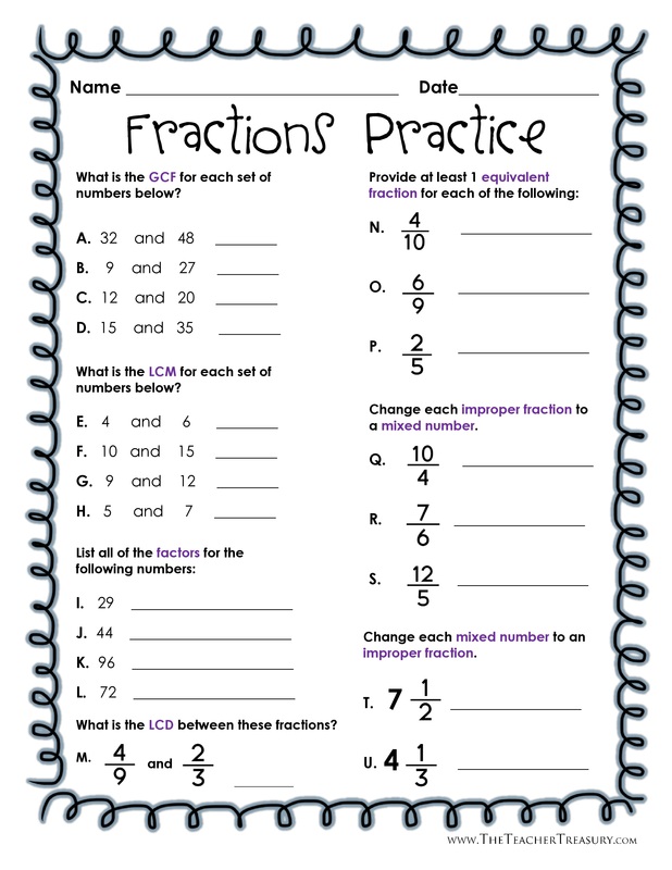 Fractions Practice GCF, LCM, LCD, Mixed Numbers