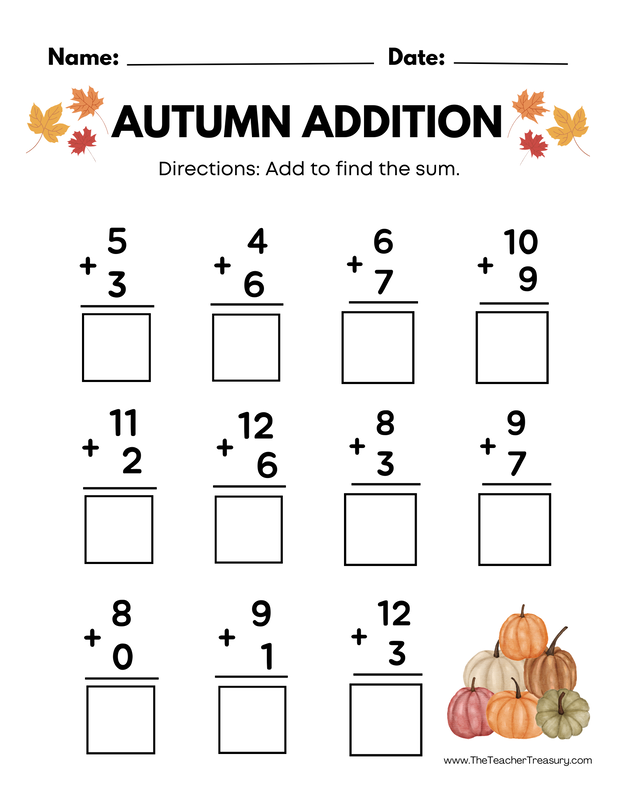 Autumn themed math addition worksheet with fall leaves and pumpkins