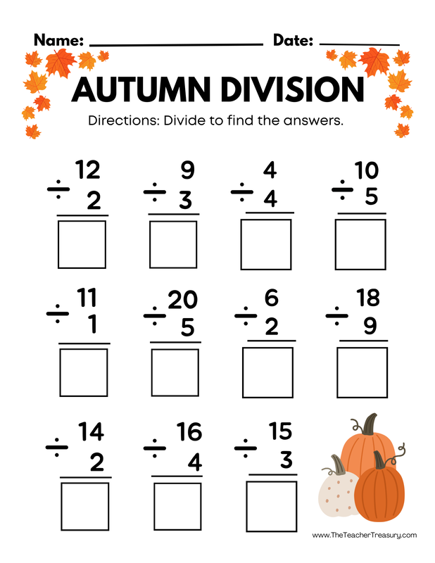 Autumn themed math division worksheet with fall leaves and pumpkins