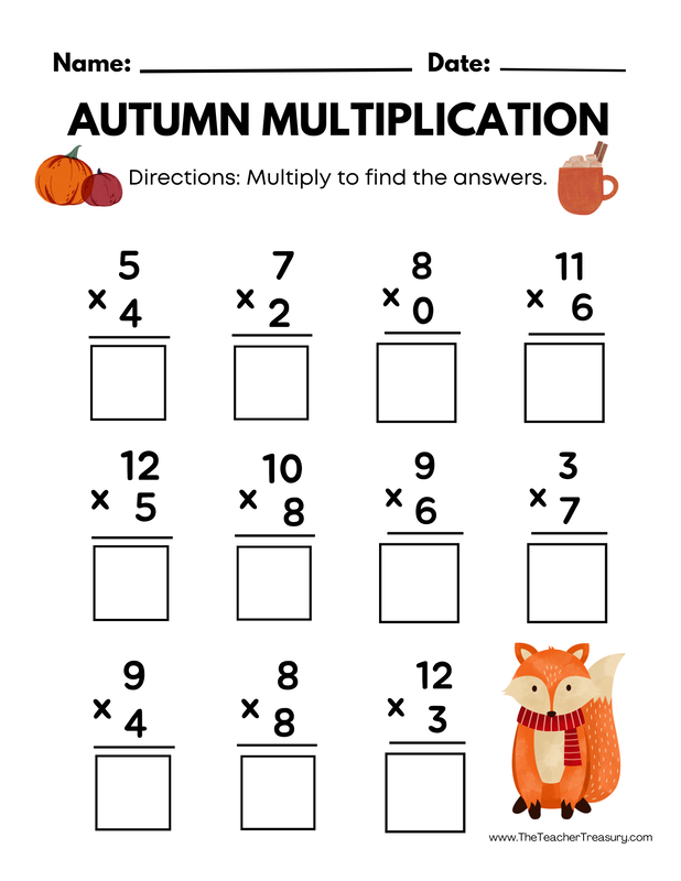 Autumn themed math multiplication worksheet with fall pumpkins cocoa and fox