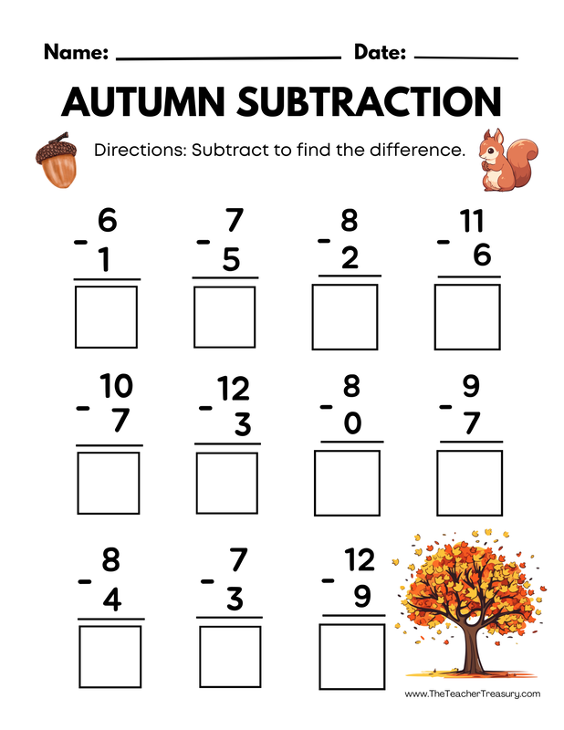 Autumn themed math subtraction worksheet with fall leaves, squirrel and acorn 