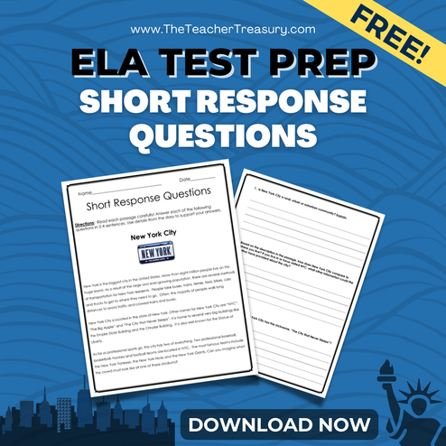 Cover of ELA Test Prep resource with urban illustrations and product preview.