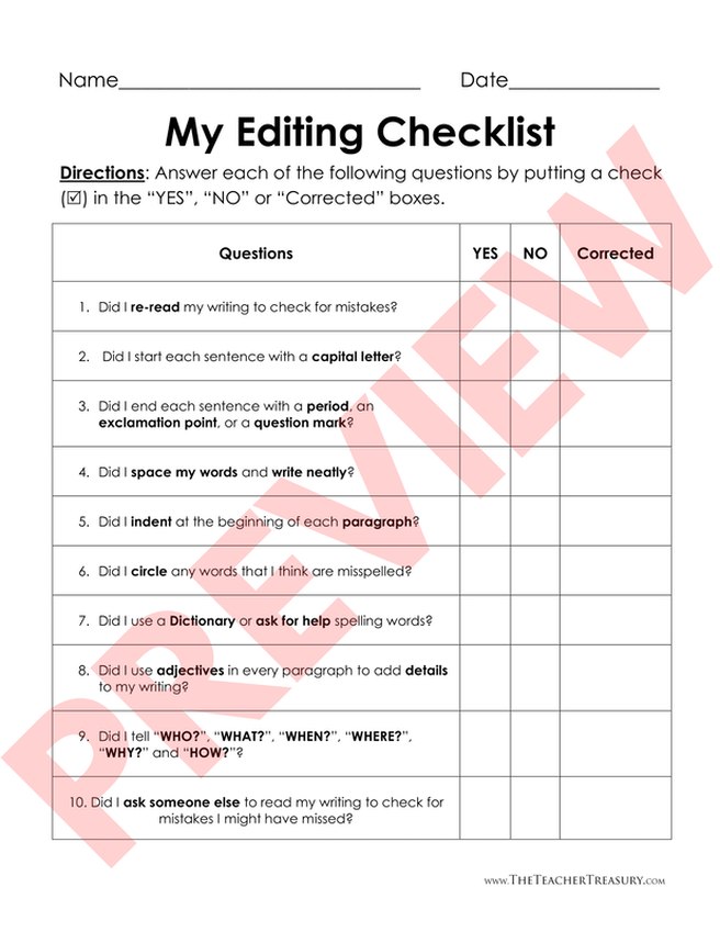 printable editing checklist for elementary students