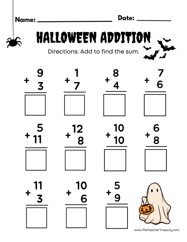 Halloween themed addition worksheet