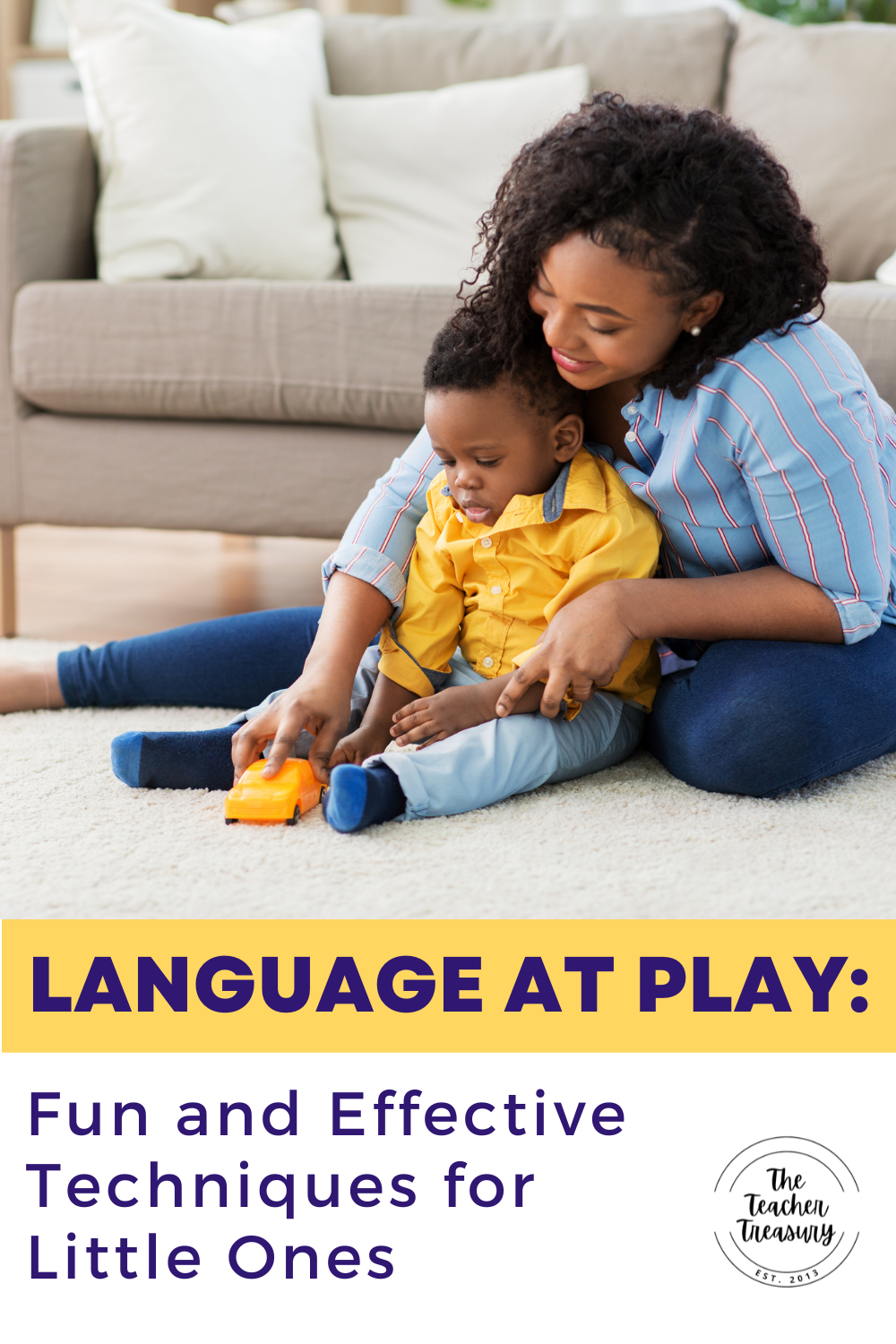 A mother playfully pushes a toy car on the floor with her toddler, pointing and naming colors and shapes, turning everyday moments into a language learning adventure