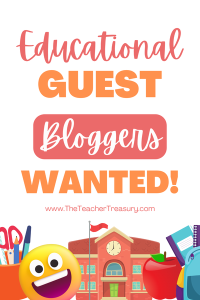 Educational Guest Bloggers Wanted Poster feature happy face school house apple bookbag and school supplies